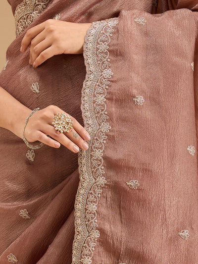 Brown Zariwork (Gold) Tissue Saree-Koskii