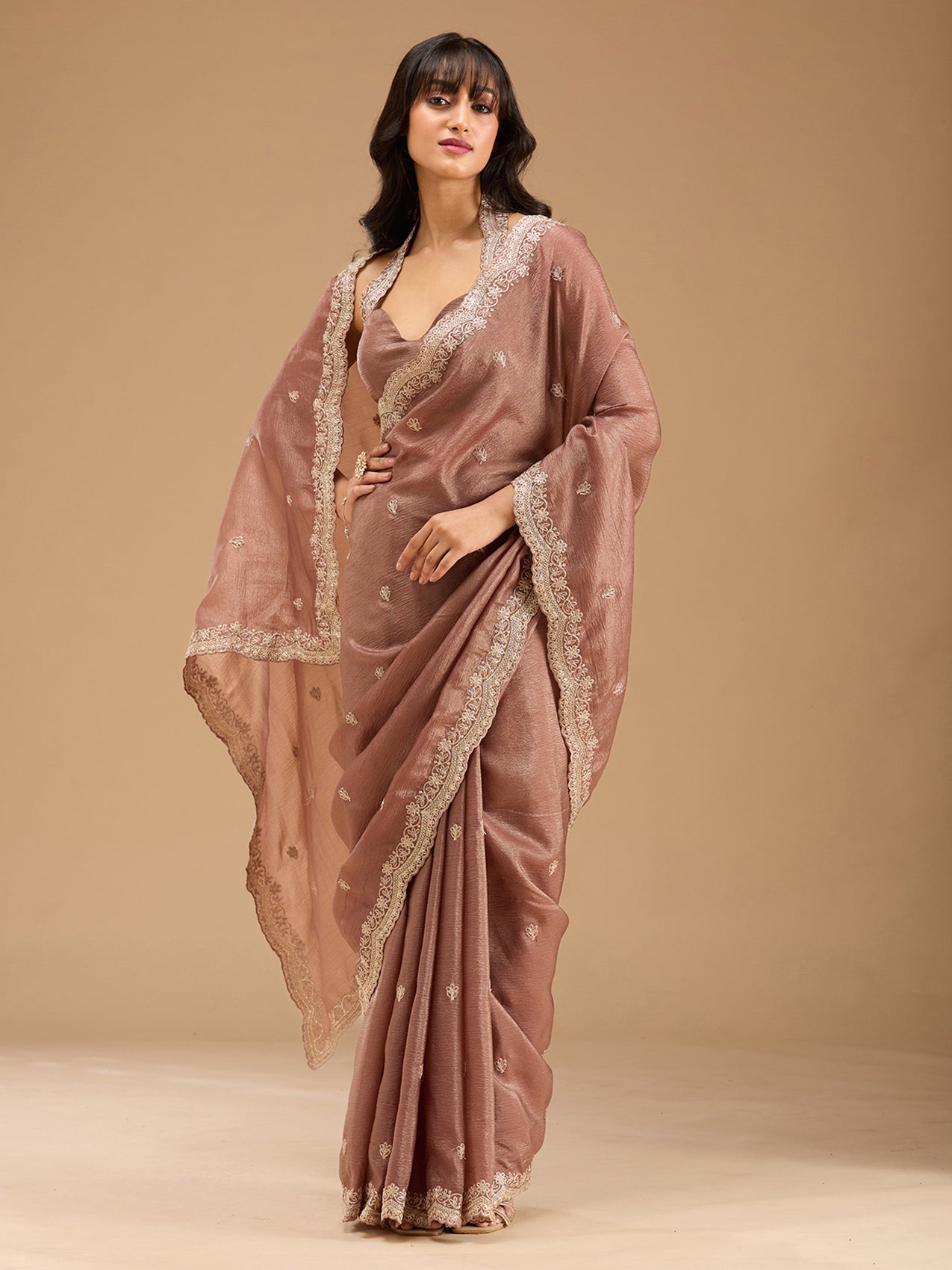 Brown Zariwork (Gold) Tissue Saree-Koskii