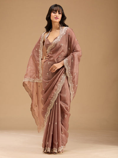 Brown Zariwork (Gold) Tissue Saree-Koskii