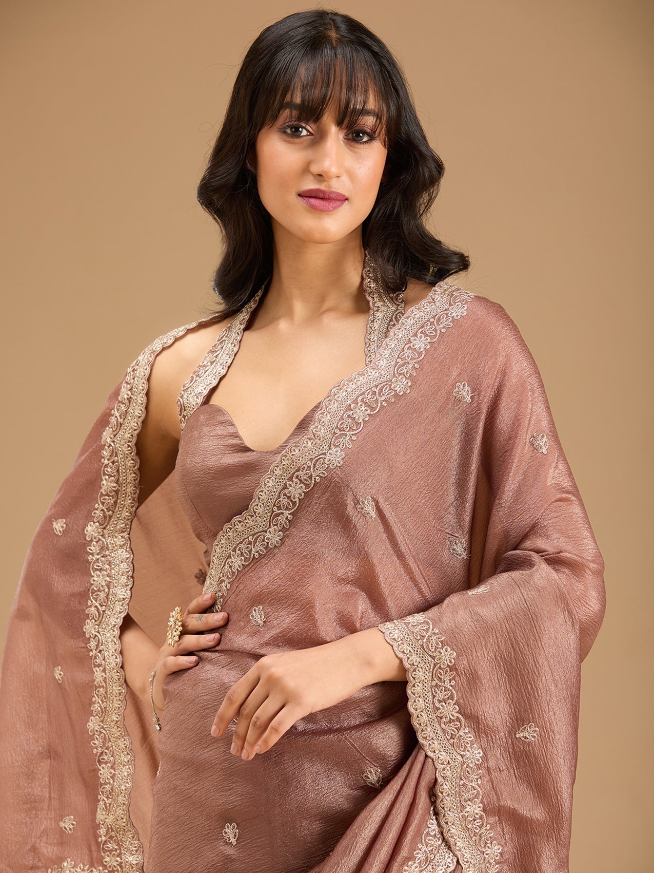 Brown Zariwork (Gold) Tissue Saree-Koskii