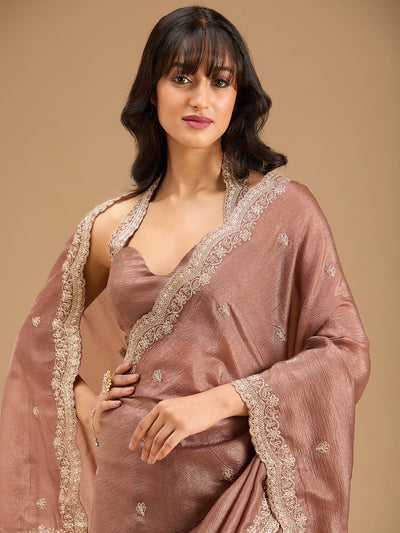 Brown Zariwork (Gold) Tissue Saree-Koskii