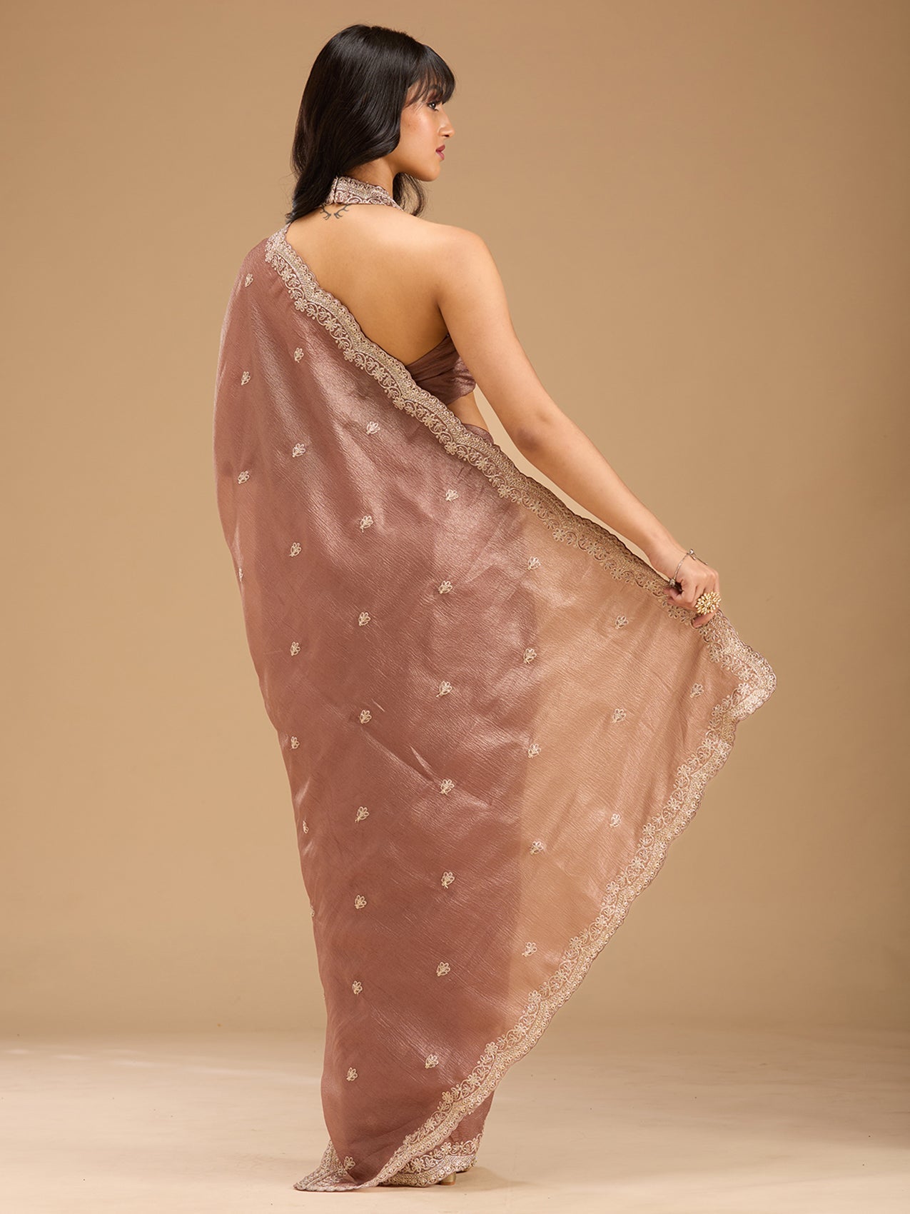 Brown Zariwork (Gold) Tissue Saree-Koskii