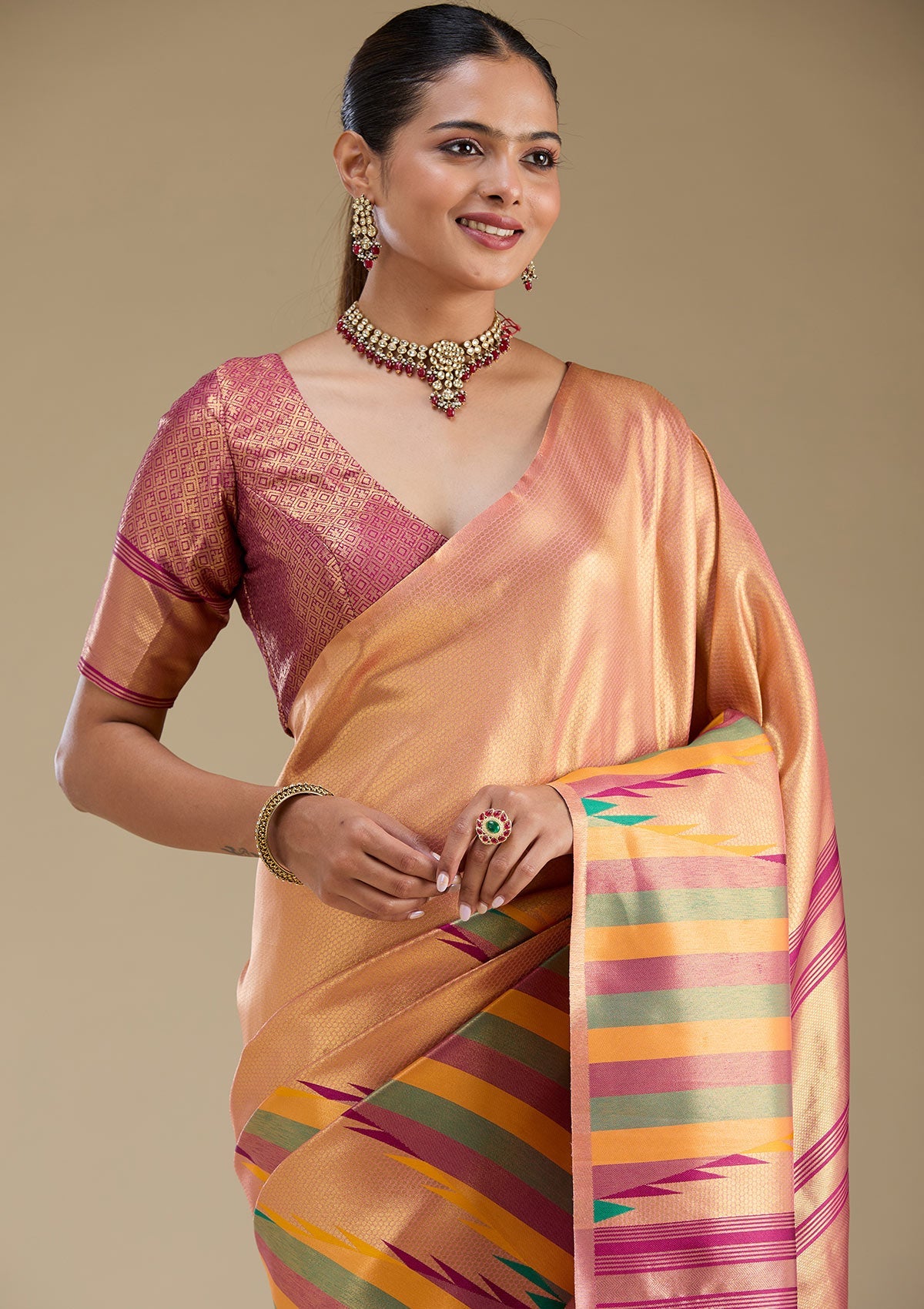 Peacock Green Zariwork Tissue Saree-Koskii