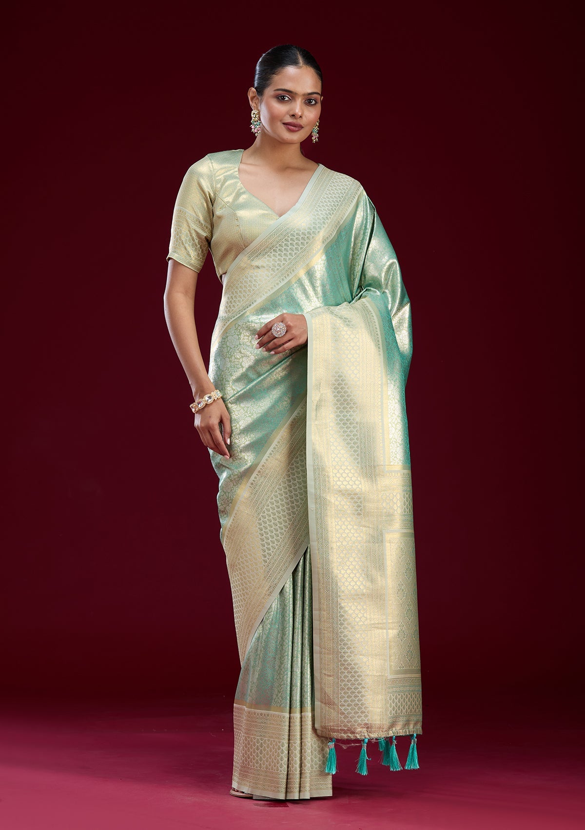 Cream Cutdana Chiffon Saree-Koskii