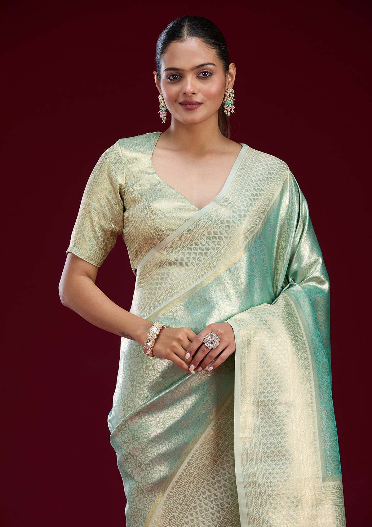 Cream Cutdana Chiffon Saree-Koskii