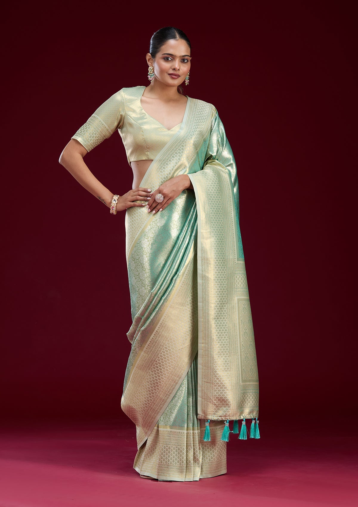 Cream Cutdana Chiffon Saree-Koskii