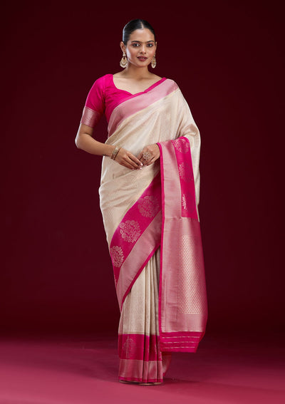 Cream Cutdana Chiffon Saree-Koskii