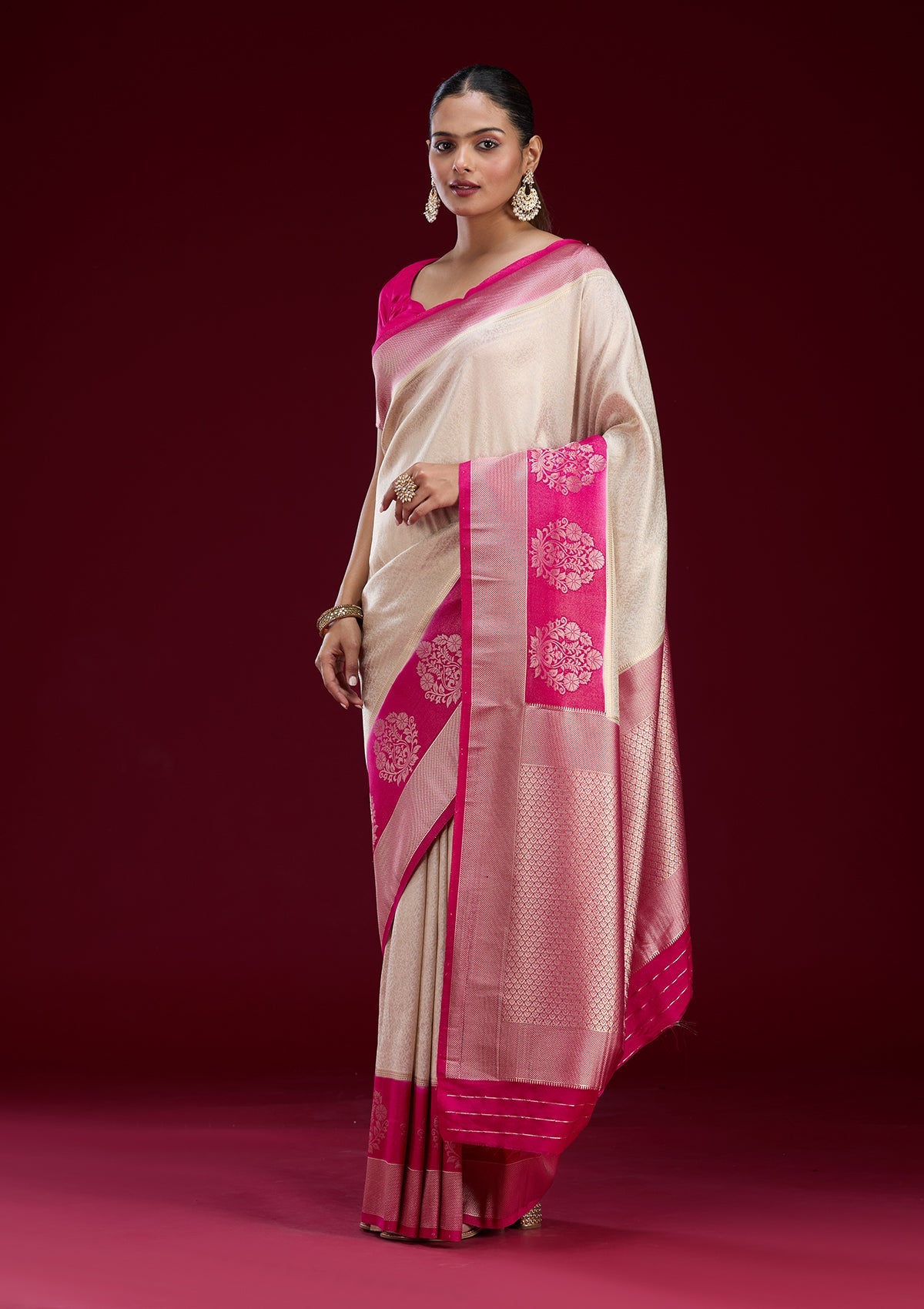 Cream Cutdana Chiffon Saree-Koskii