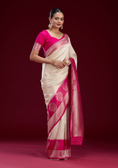 Cream Cutdana Chiffon Saree-Koskii