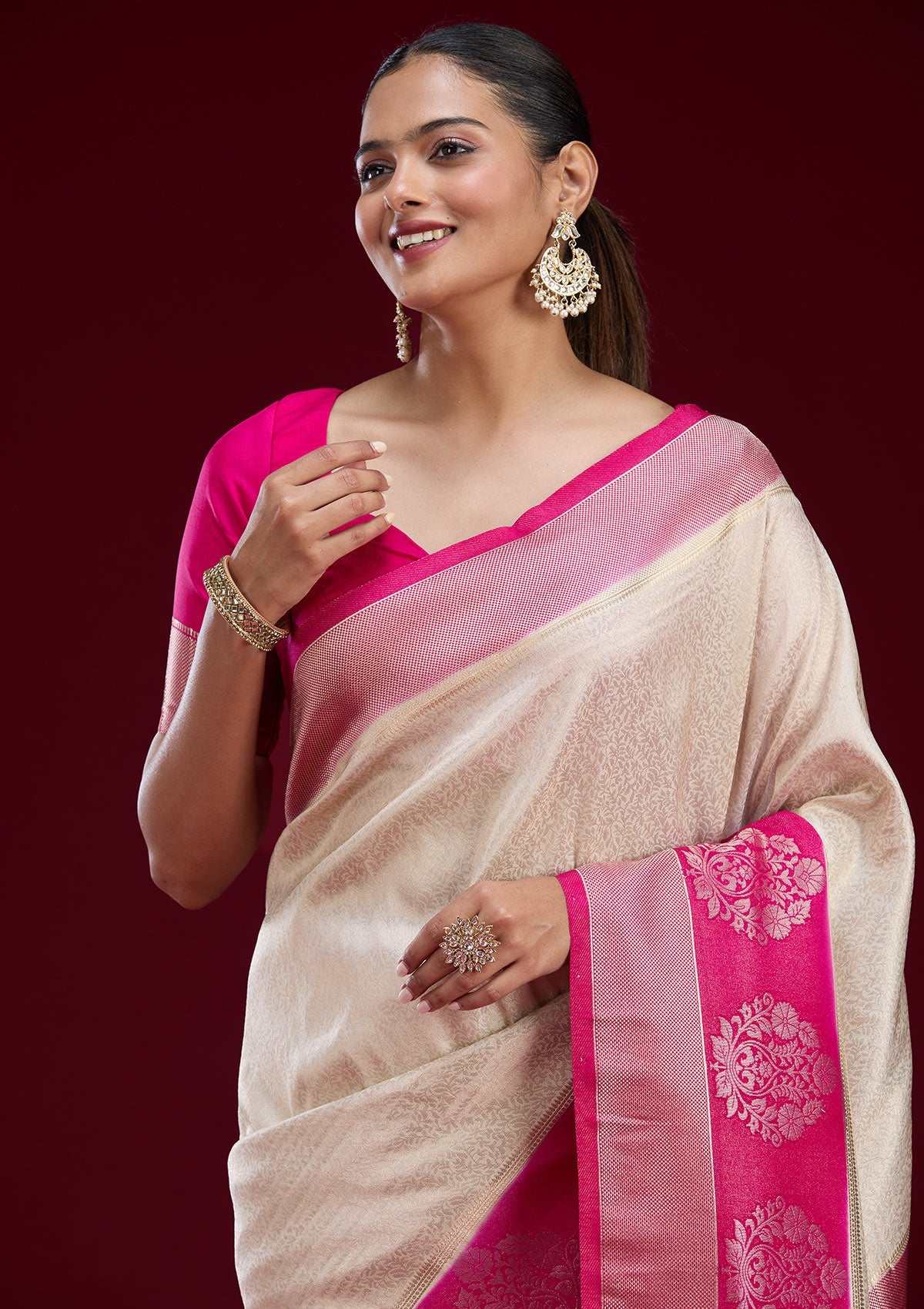 Cream Cutdana Chiffon Saree-Koskii