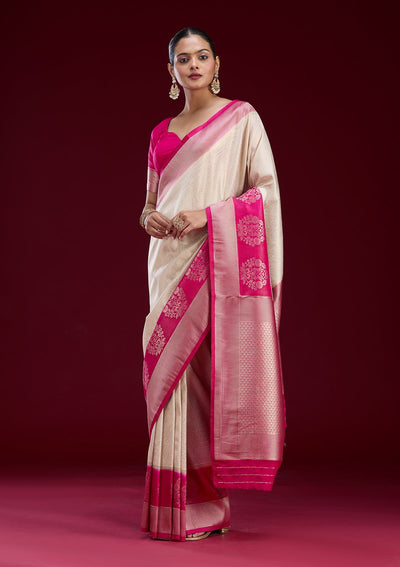 Cream Cutdana Chiffon Saree-Koskii