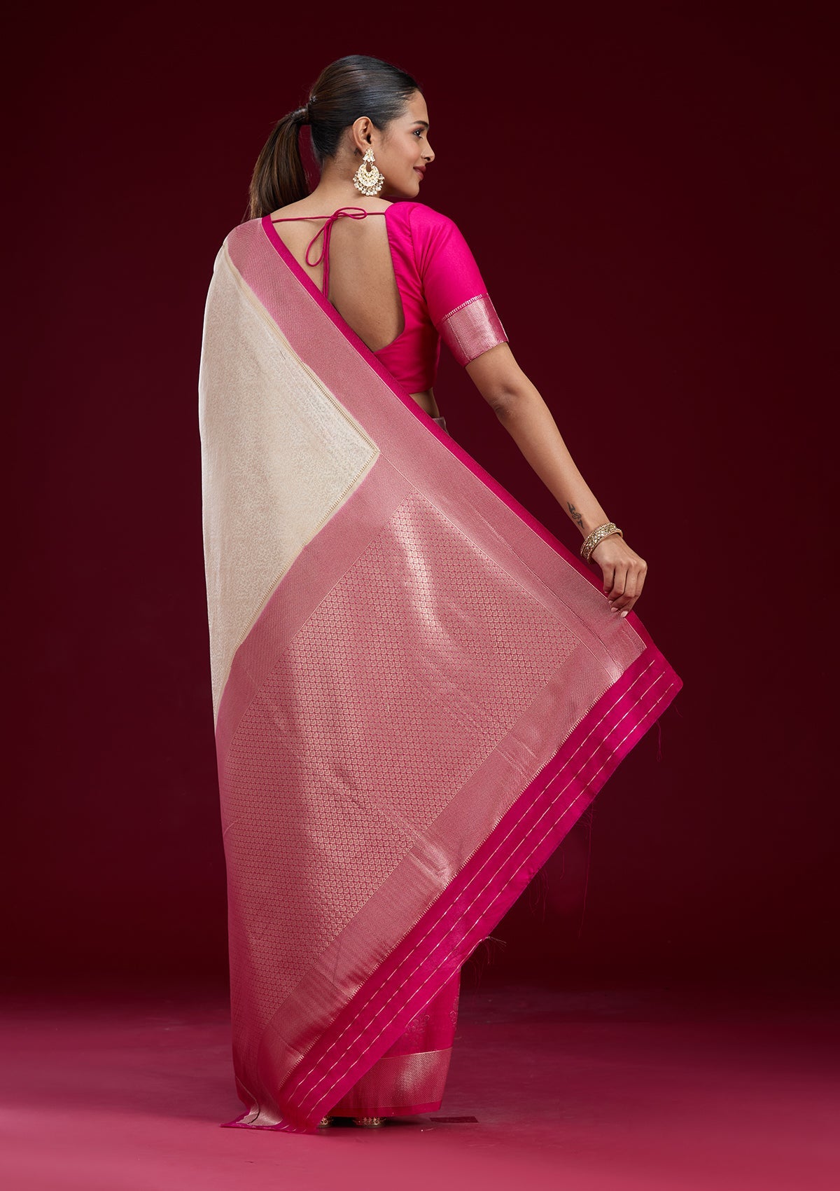 Cream Cutdana Chiffon Saree-Koskii