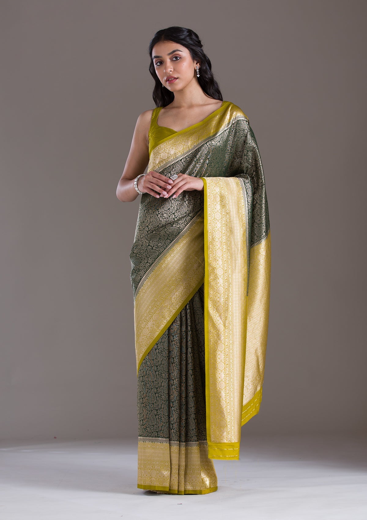 Bottle Green Zariwork Art Silk Saree-Koskii