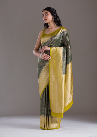 Bottle Green Zariwork Art Silk Saree-Koskii