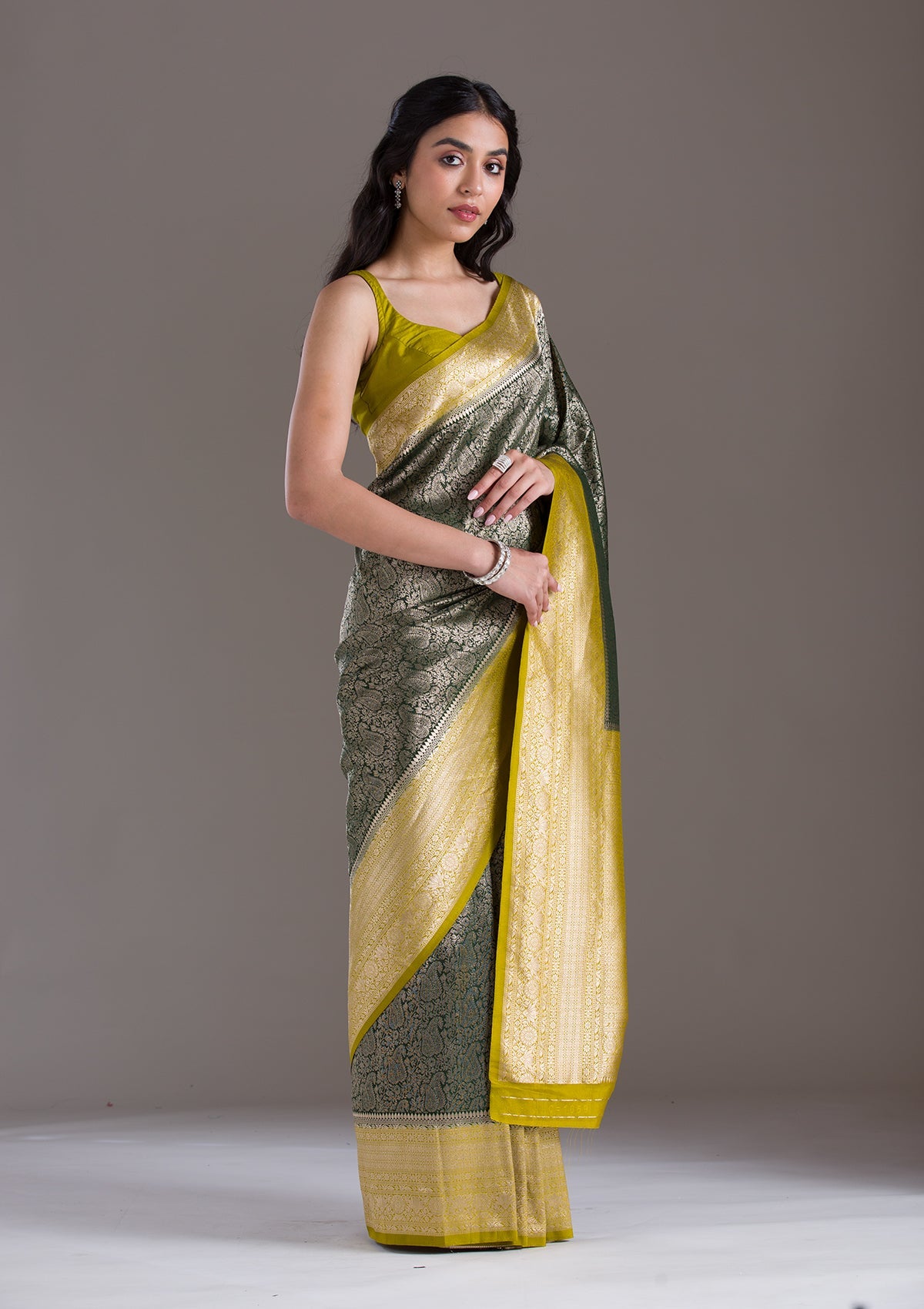 Bottle Green Zariwork Art Silk Saree-Koskii