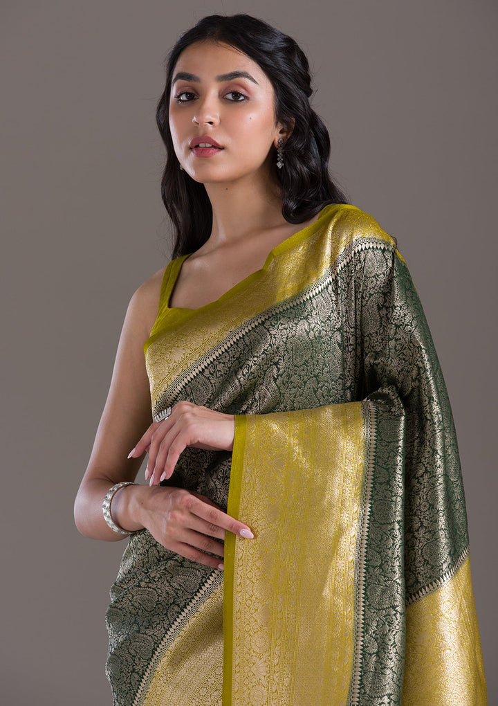 Bottle Green Zariwork Art Silk Saree-Koskii