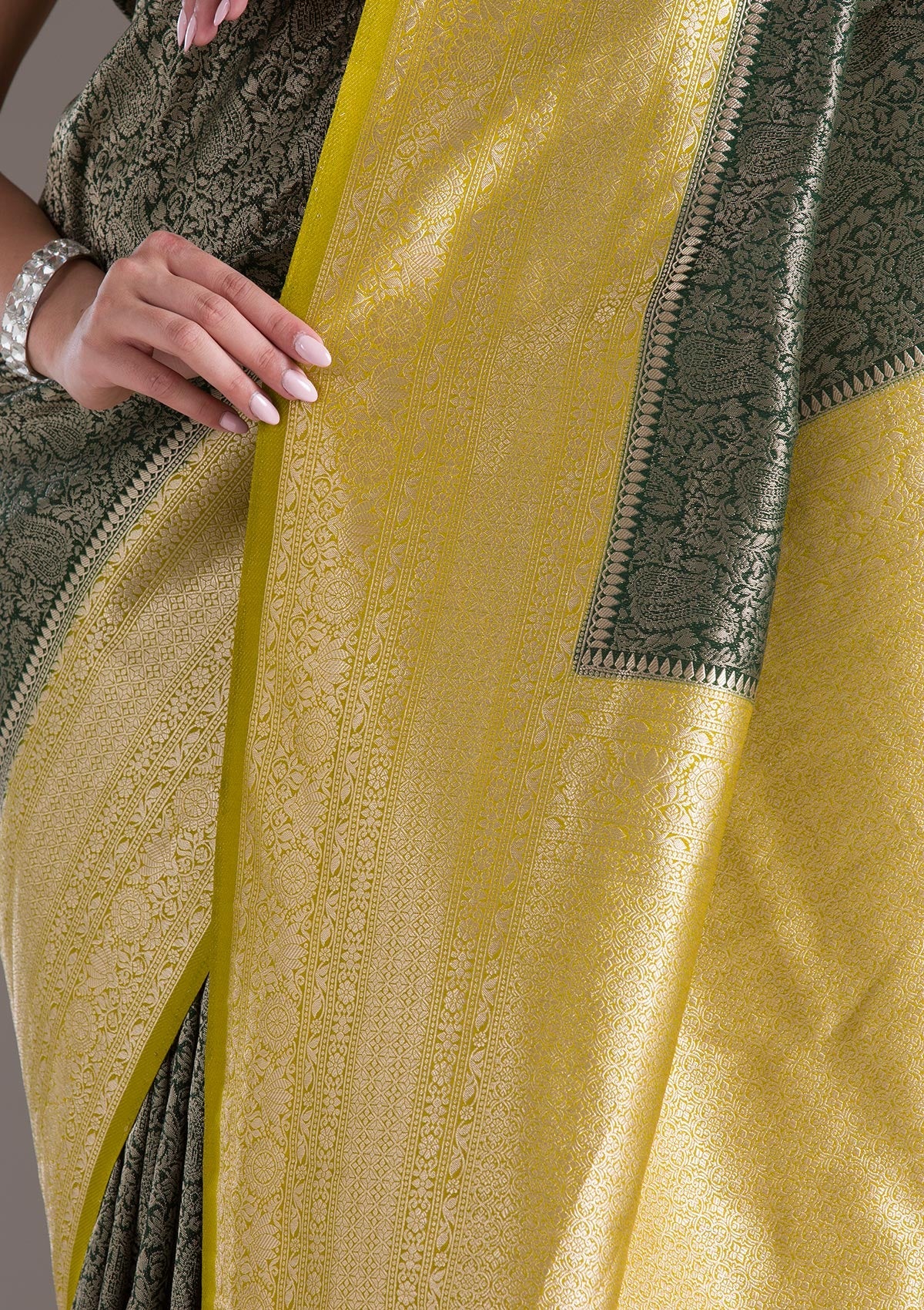 Bottle Green Zariwork Art Silk Saree-Koskii