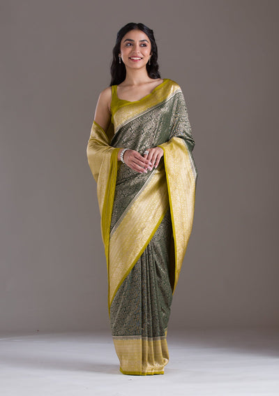 Bottle Green Zariwork Art Silk Saree-Koskii