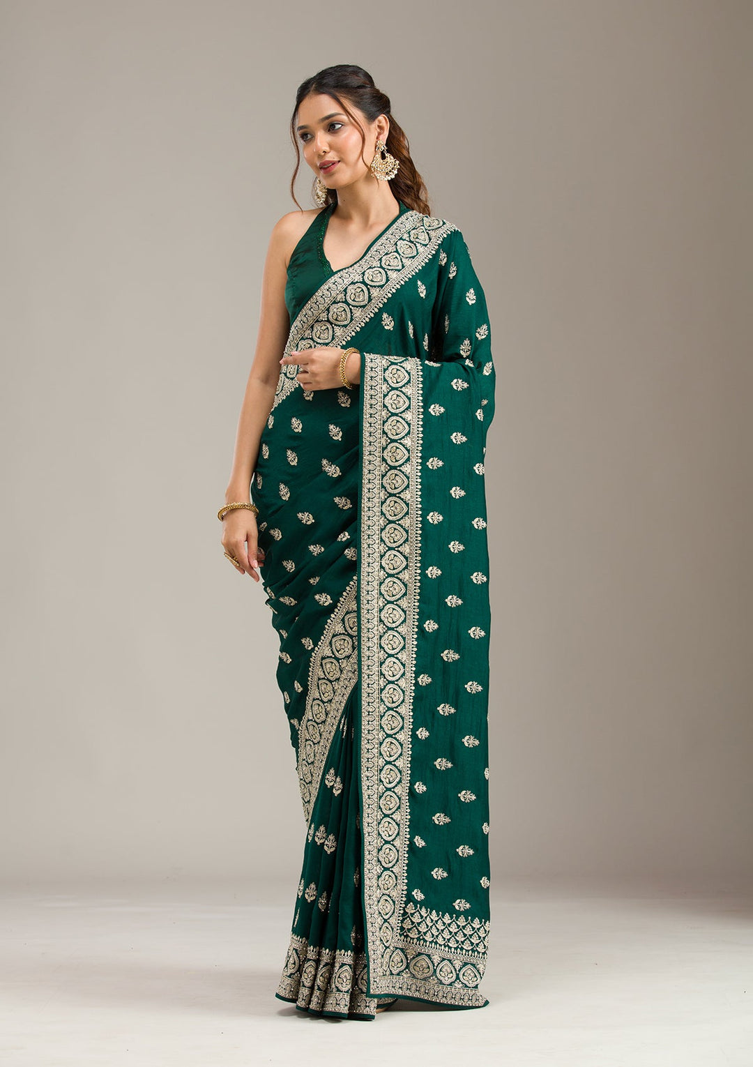 Bottle Green Threadwork Dola Silk Unstitched Salwar Suit-koskii