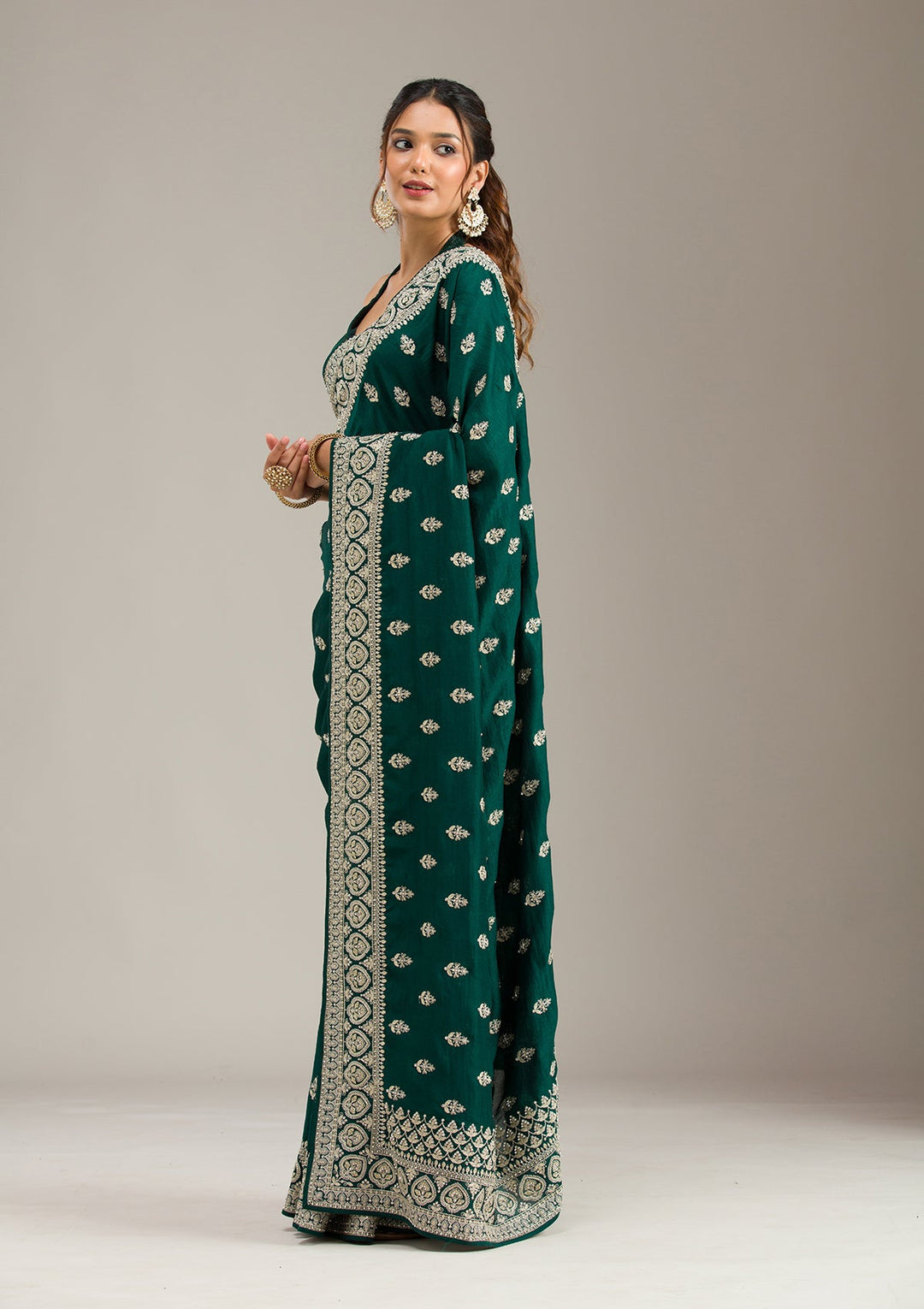 Bottle Green Threadwork Dola Silk Unstitched Salwar Suit-koskii