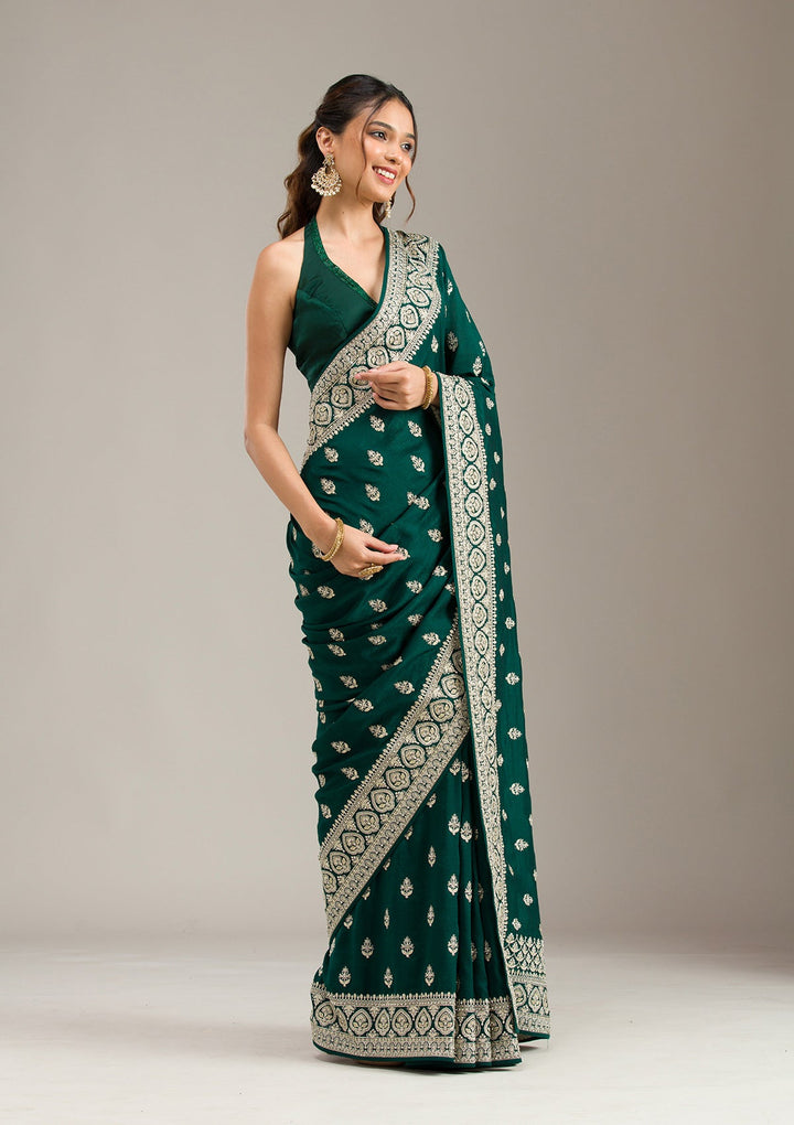 Bottle Green Threadwork Dola Silk Unstitched Salwar Suit-koskii