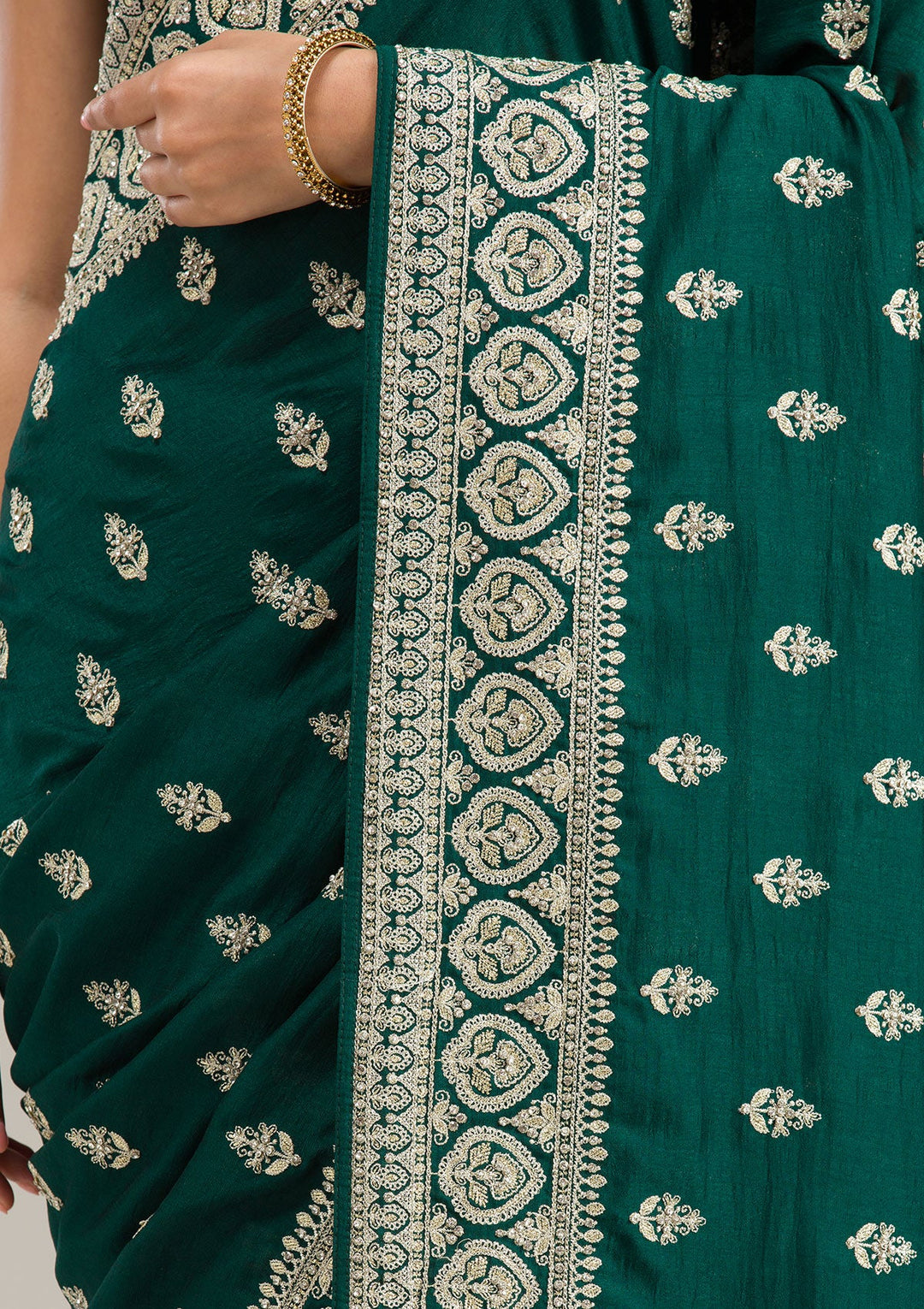 Bottle Green Threadwork Dola Silk Unstitched Salwar Suit-koskii