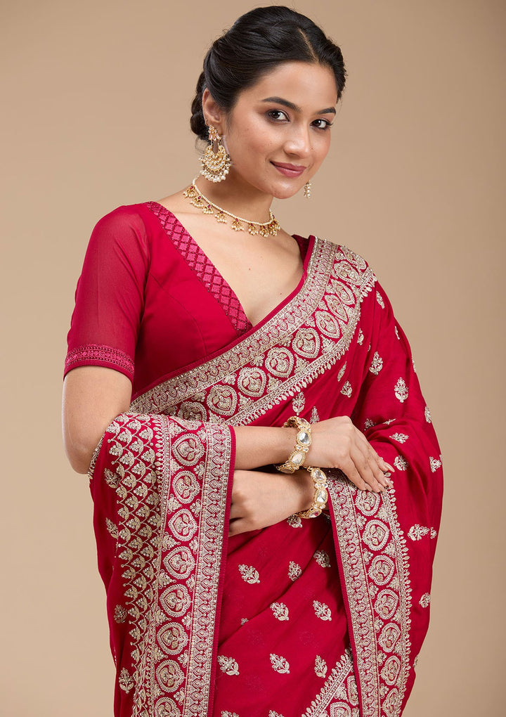 Rani Pink Stonework Soft Raw Silk Saree-koskii