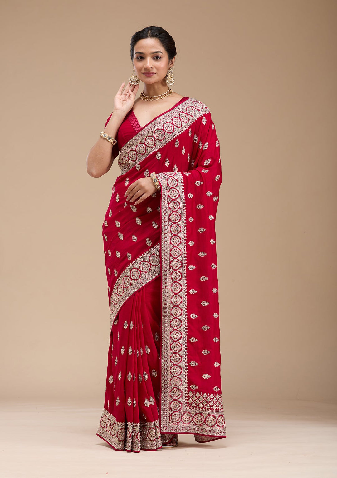Rani Pink Stonework Soft Raw Silk Saree-koskii