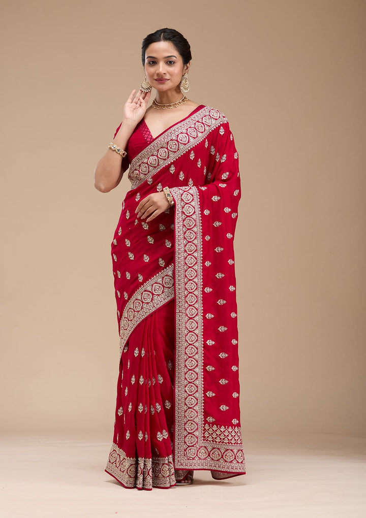 Rani Pink Stonework Soft Raw Silk Saree-koskii