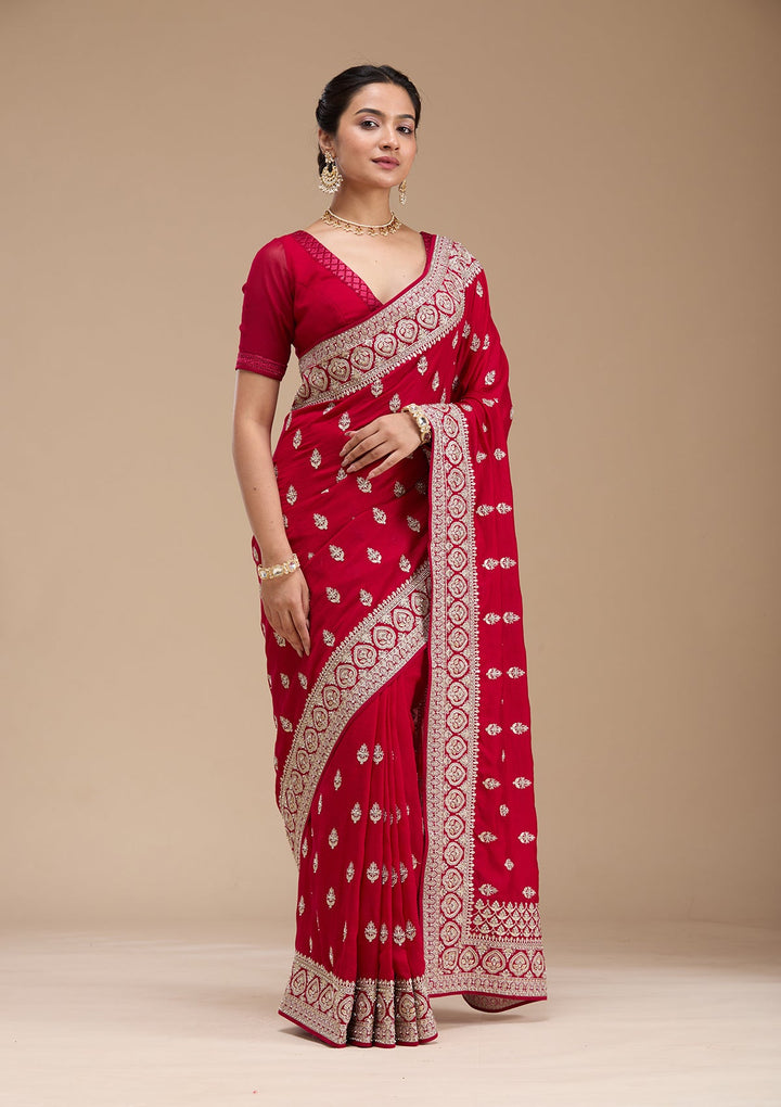 Rani Pink Stonework Soft Raw Silk Saree-koskii