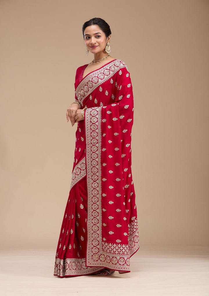Rani Pink Stonework Soft Raw Silk Saree-koskii