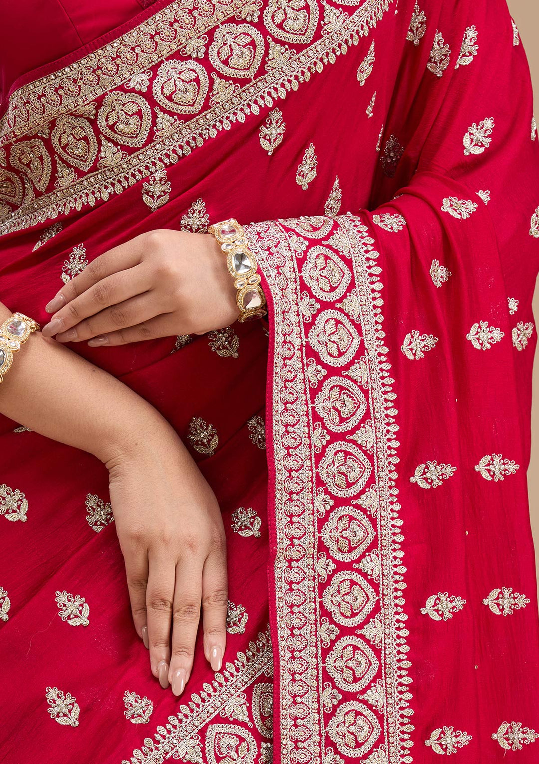 Rani Pink Stonework Soft Raw Silk Saree-koskii