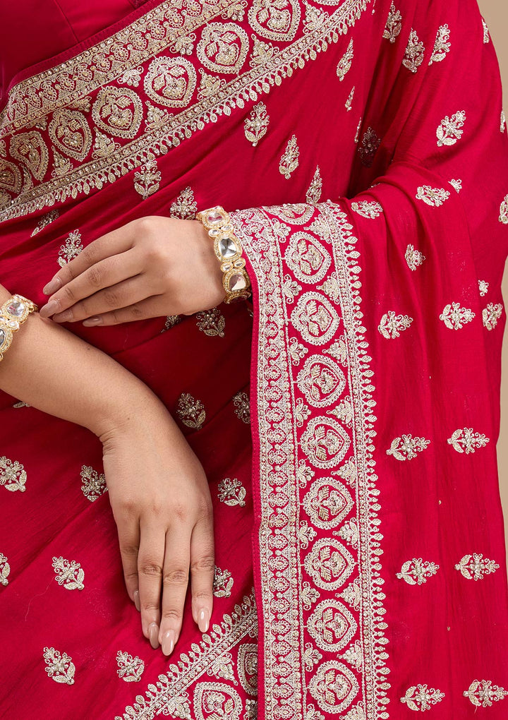 Rani Pink Stonework Soft Raw Silk Saree-koskii