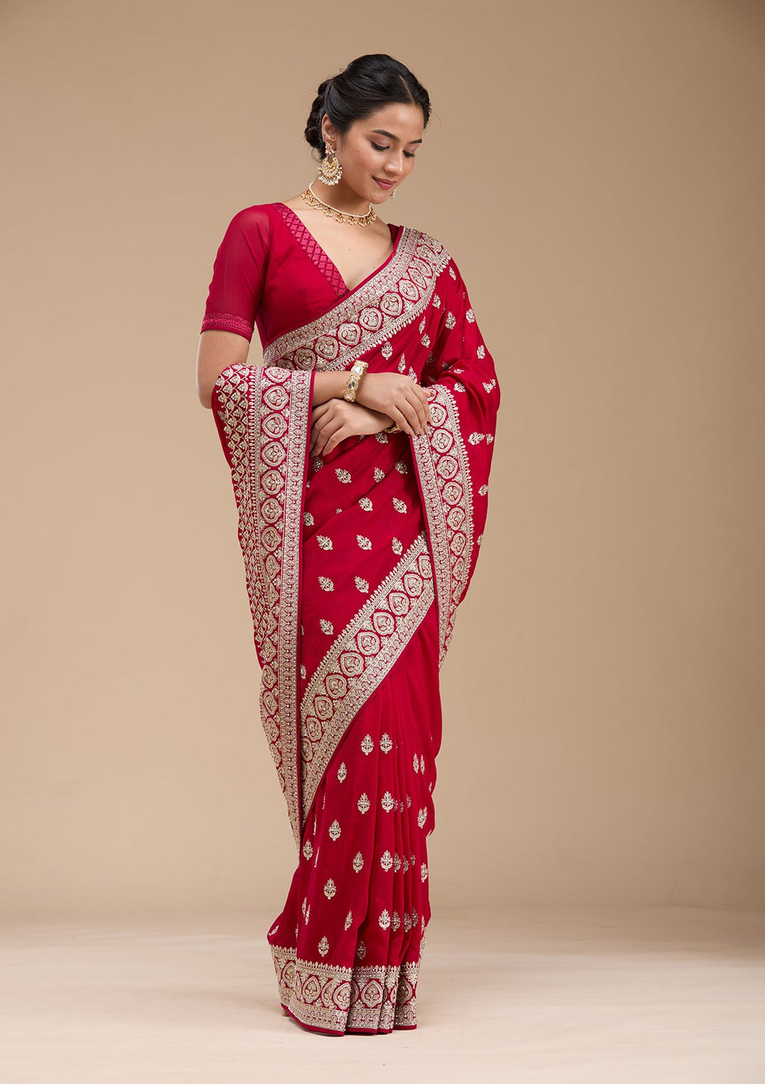 Rani Pink Stonework Soft Raw Silk Saree-koskii
