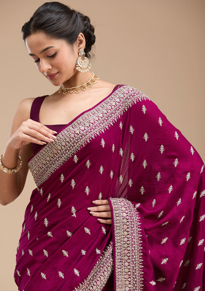 Wine Threadwork Soft Raw Silk Saree-koskii
