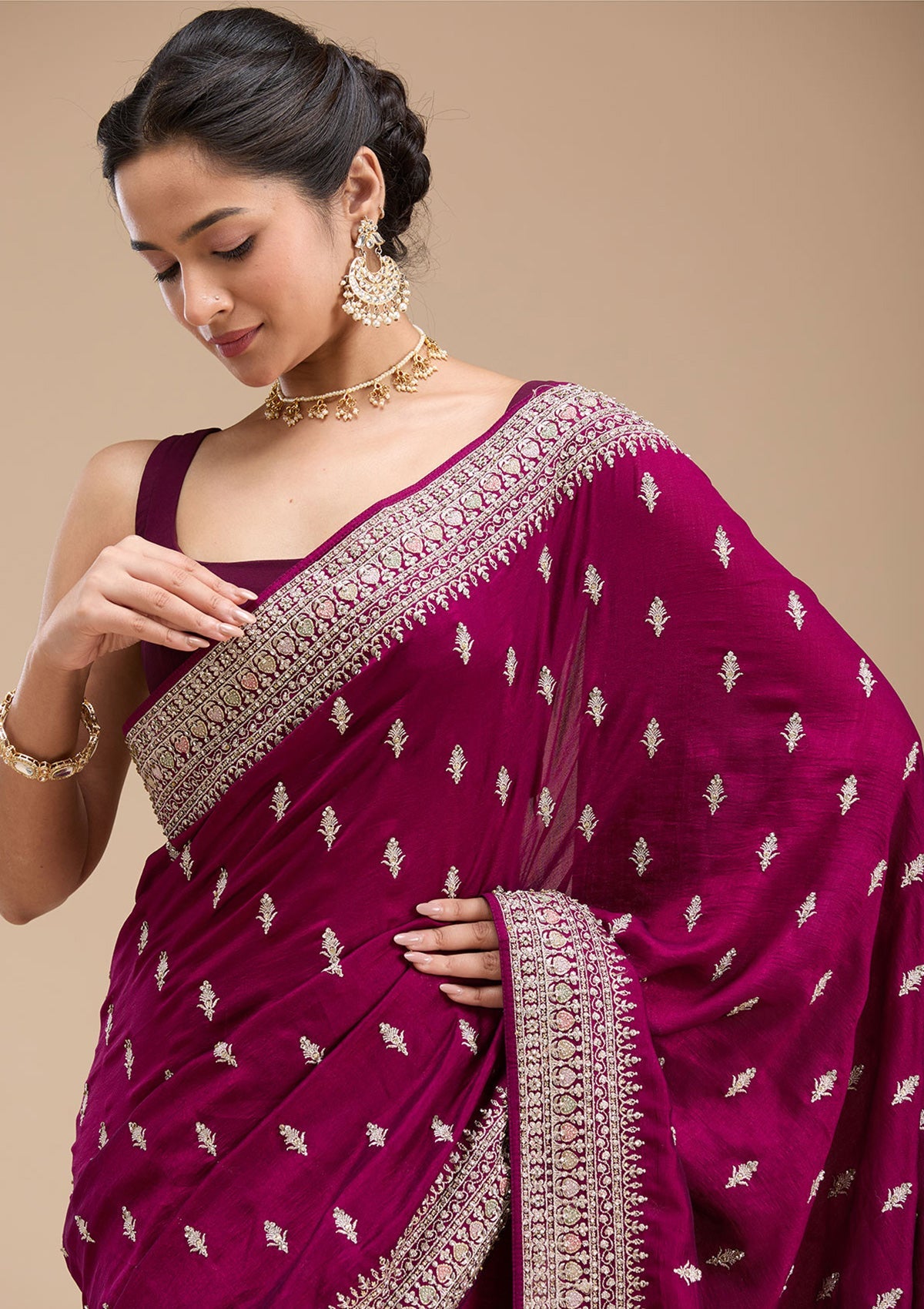 Wine Threadwork Soft Raw Silk Saree-koskii