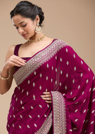 Wine Threadwork Soft Raw Silk Saree-koskii