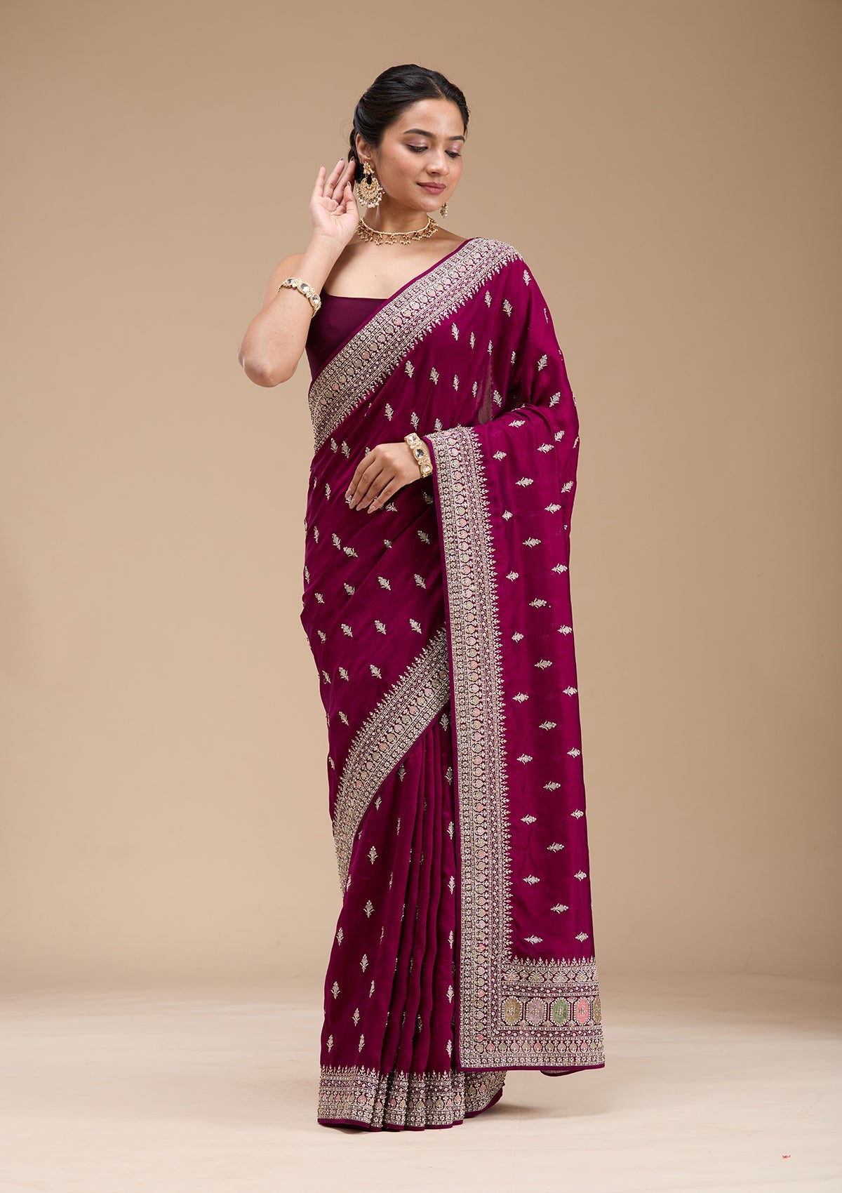Wine Threadwork Soft Raw Silk Saree-koskii