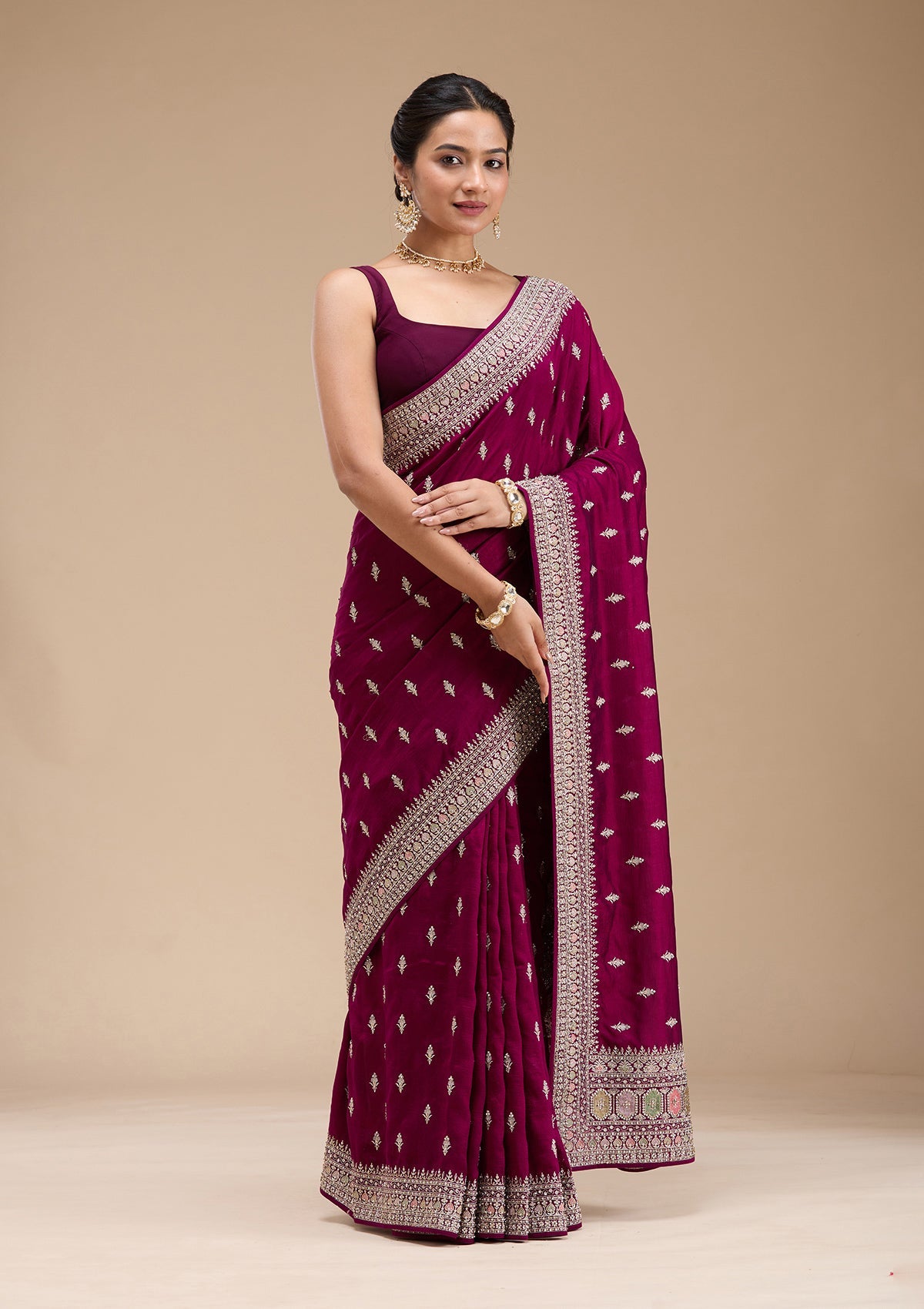 Wine Threadwork Soft Raw Silk Saree-koskii