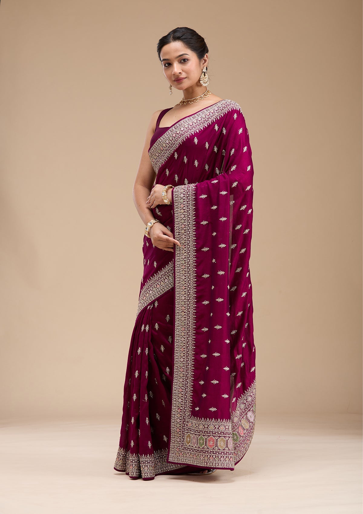Wine Threadwork Soft Raw Silk Saree-koskii