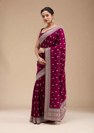 Wine Threadwork Soft Raw Silk Saree-koskii