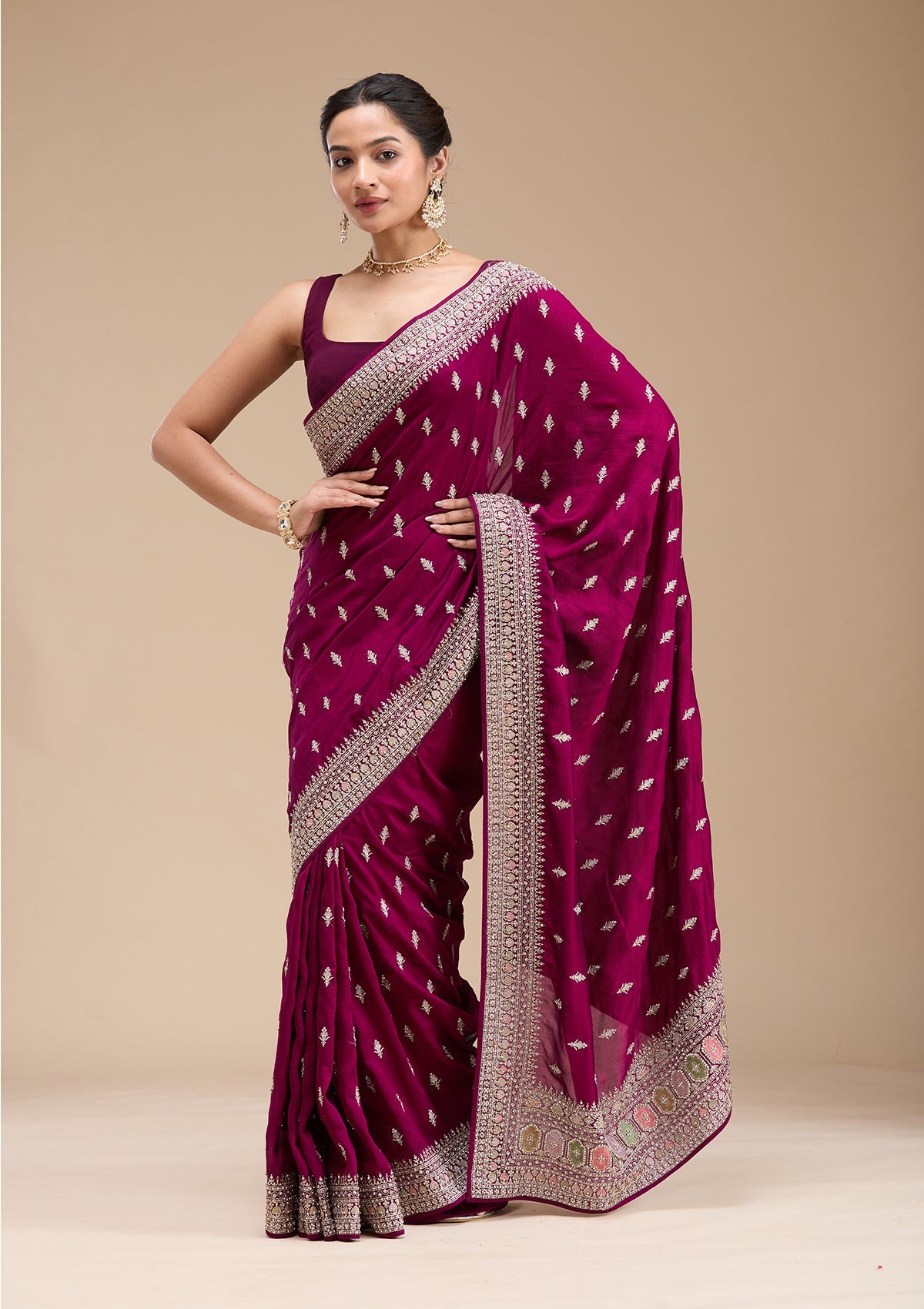 Wine Threadwork Soft Raw Silk Saree-koskii