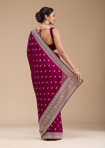 Wine Threadwork Soft Raw Silk Saree-koskii
