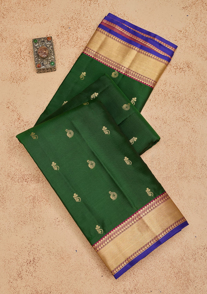 Bottle Green Zariwork Pure Silk Saree-Koskii
