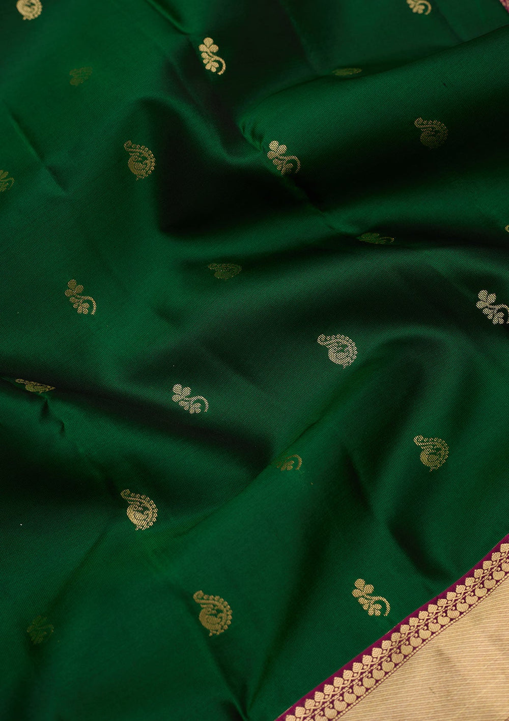 Bottle Green Zariwork Pure Silk Saree-Koskii