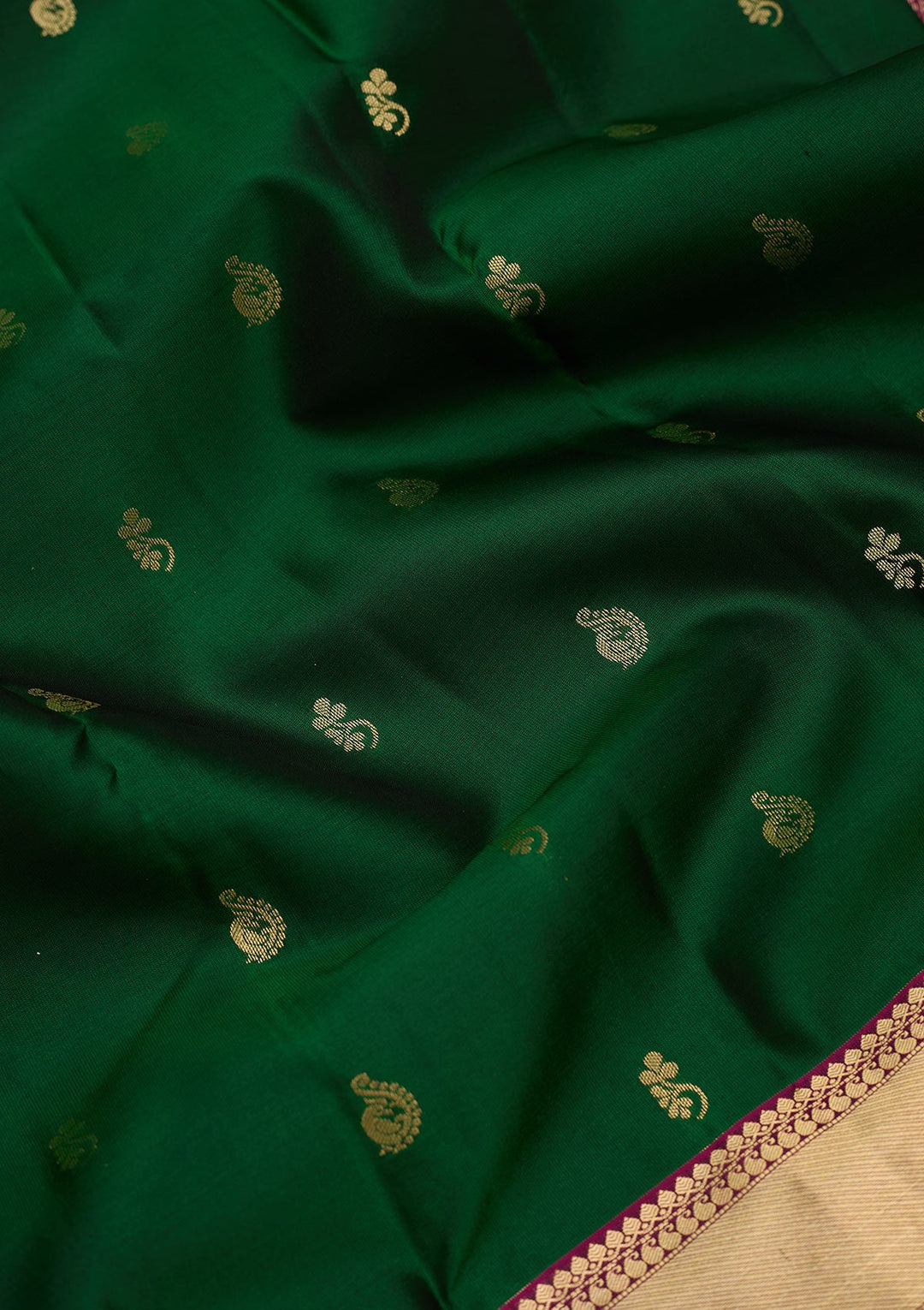 Bottle Green Zariwork Pure Silk Saree-Koskii