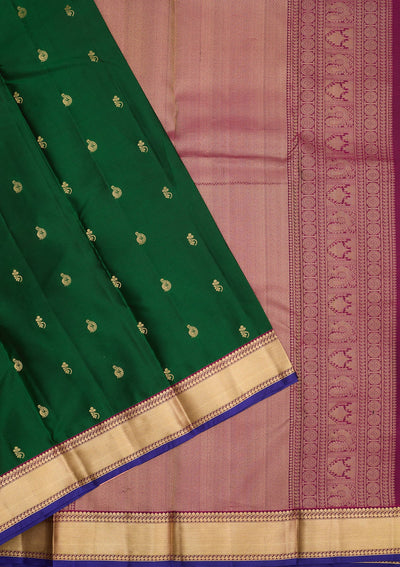 Bottle Green Zariwork Pure Silk Saree-Koskii
