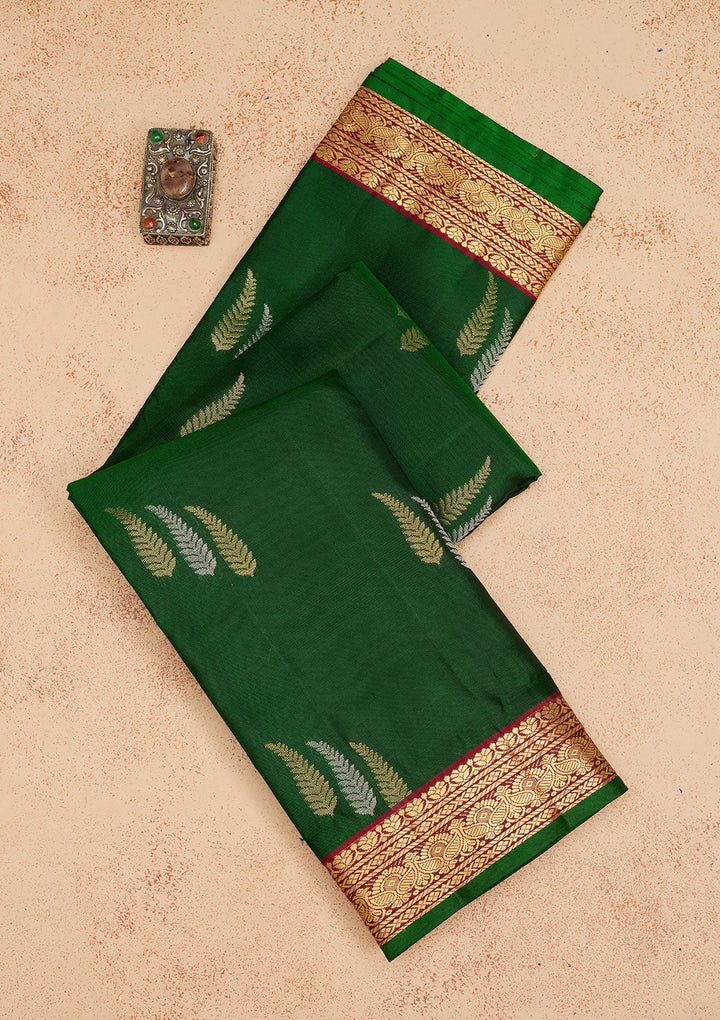 Bottle Green Zariwork Pure Silk Saree-Koskii