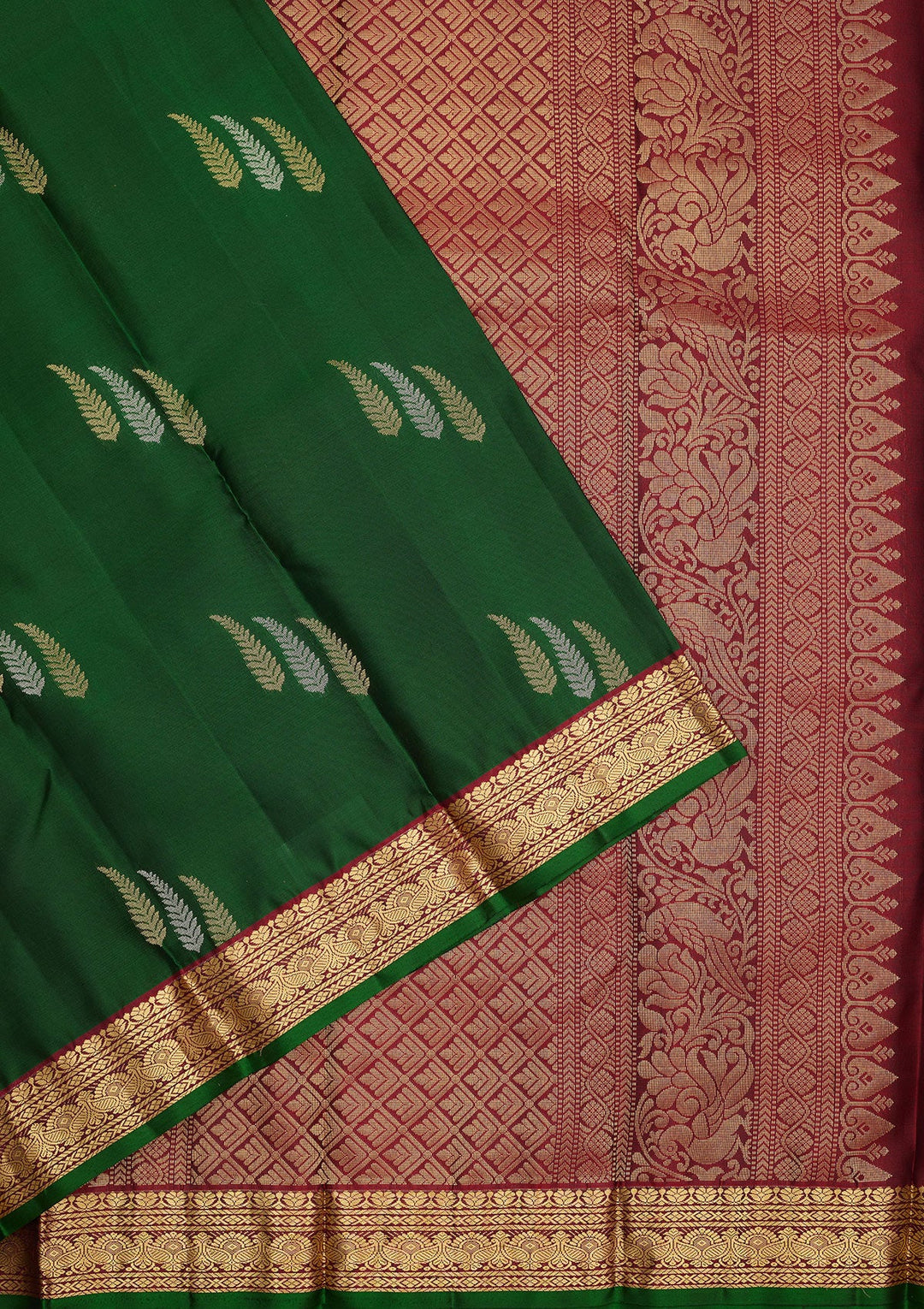 Bottle Green Zariwork Pure Silk Saree-Koskii