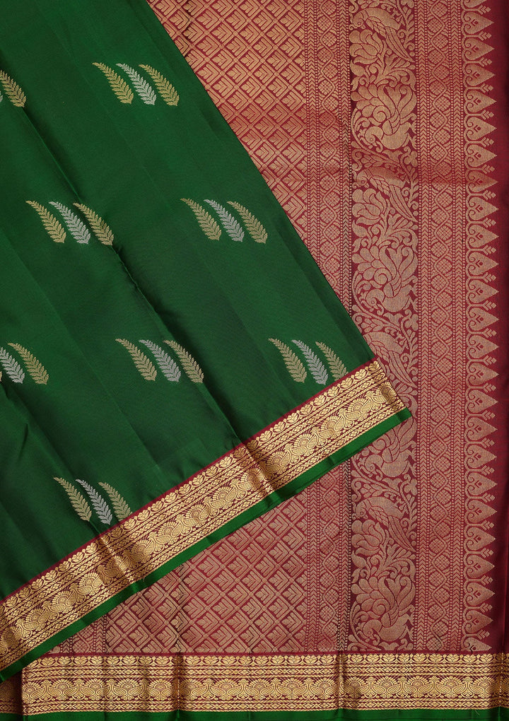 Bottle Green Zariwork Pure Silk Saree-Koskii